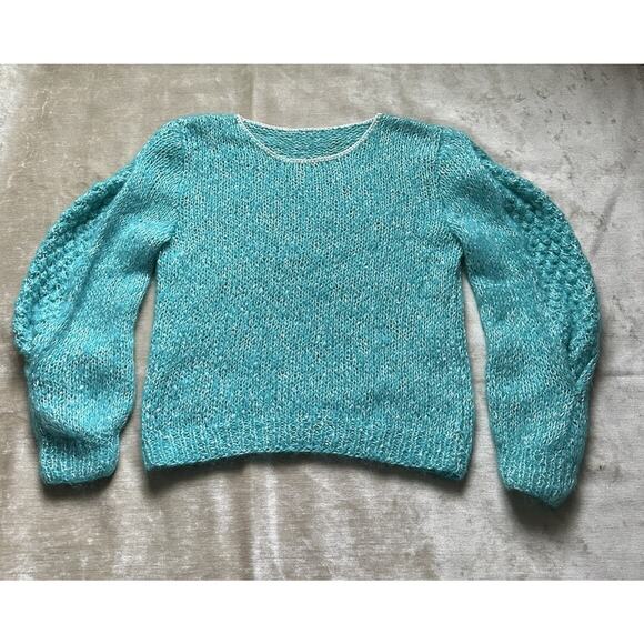 Vintage mohair Blend Sweater Woman Crew Blue Teal Turquoise White Wide Sleeves - Picture 3 of 16